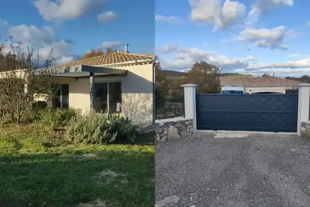 Pergola bioclimatique et portail coulissant tressé