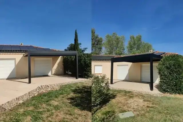 Une pergola noire avec store en façade
