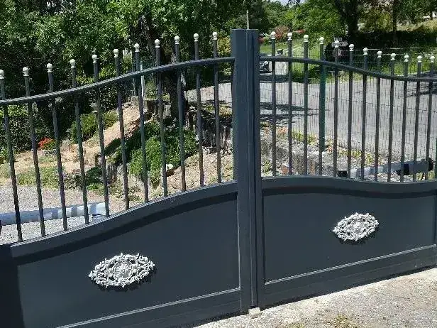 Portail battant anthracite à barreaux décorés de médaillons argentés